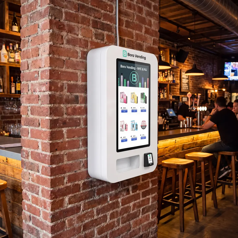 Boro Vending machine mounted on brick wall in NYC bar